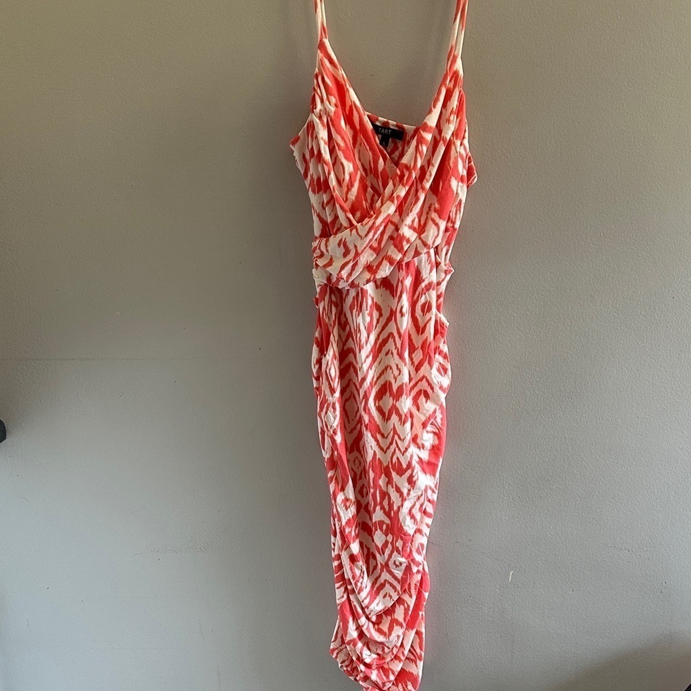 Tart Vibrant Coral and White Patterned Midi Dress